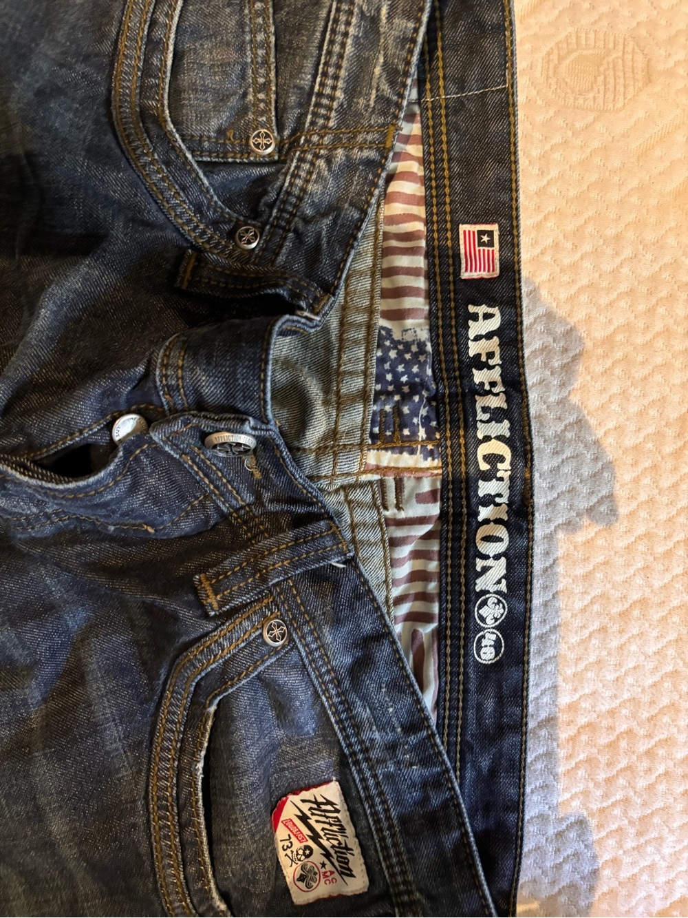 Affliction Men's Dark Blue Denim Relaxed Jeans with Flag Trim 40W